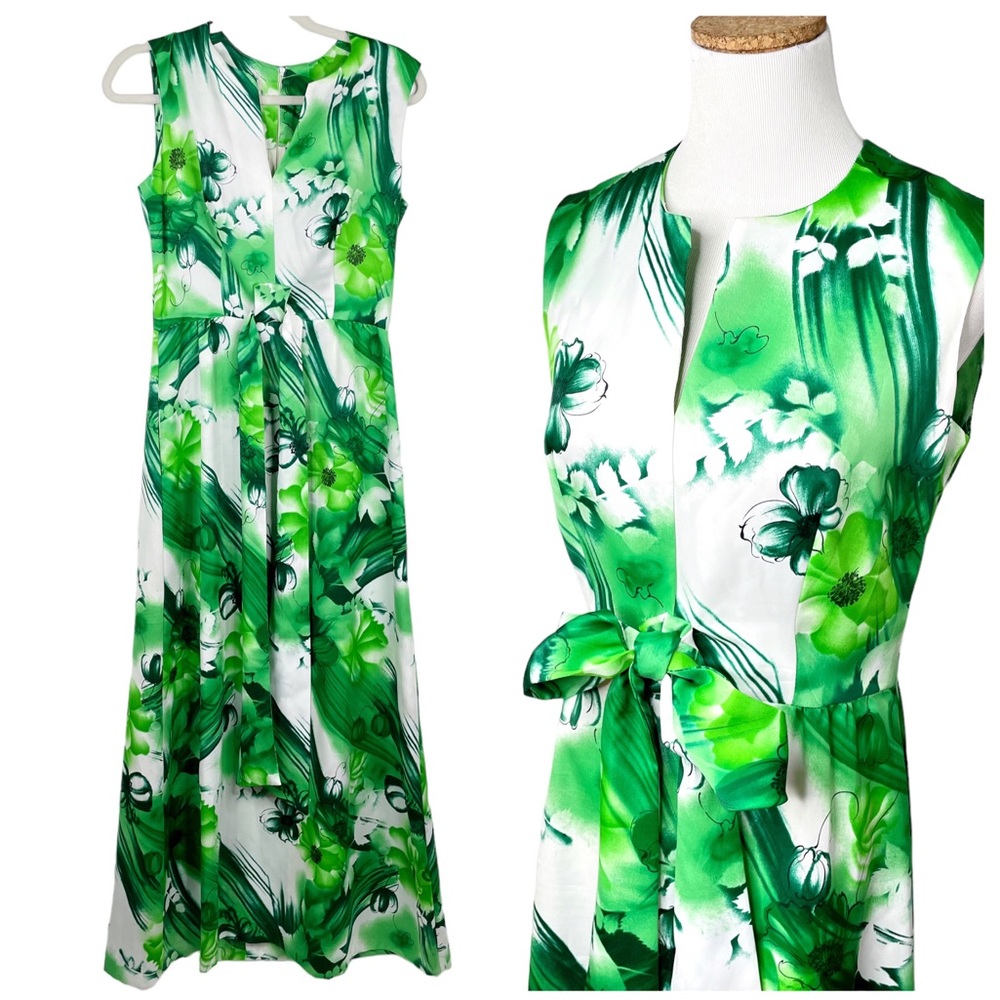 Vintage 70s Tropicana Hawaii Long Maxi Dress Sleeveless Green White